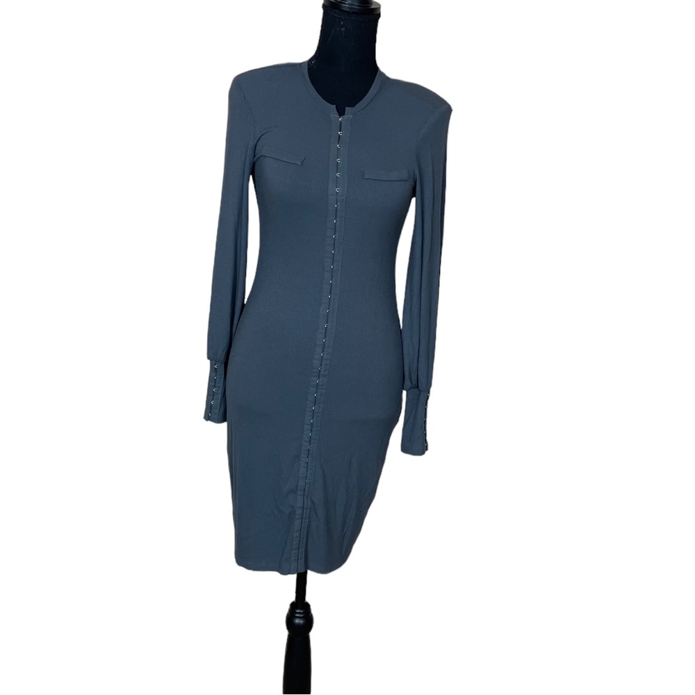 NWT Avec Les Filles Long Sleeve Ribbed Bodycon Dress in Charcoal (J)